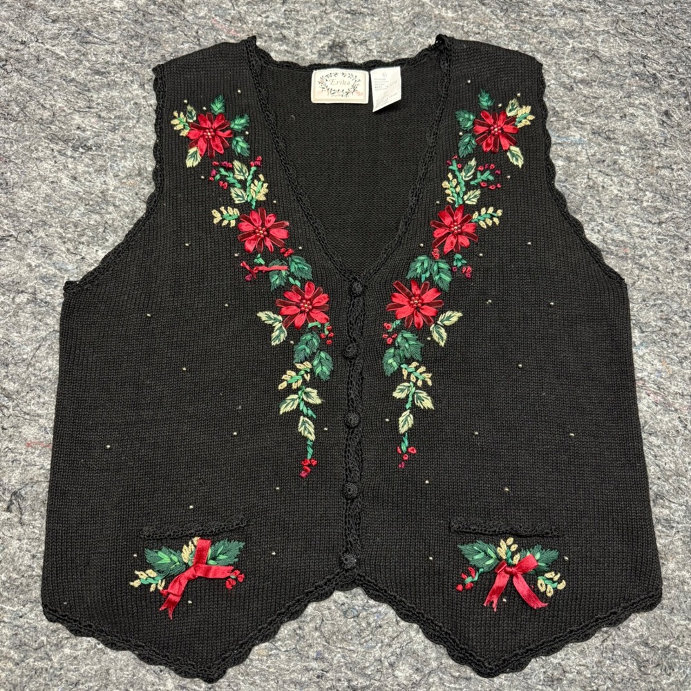 Erika Vintage Black Knit Christmas Poinsettia Ribbon Floral Sweater Vest Large